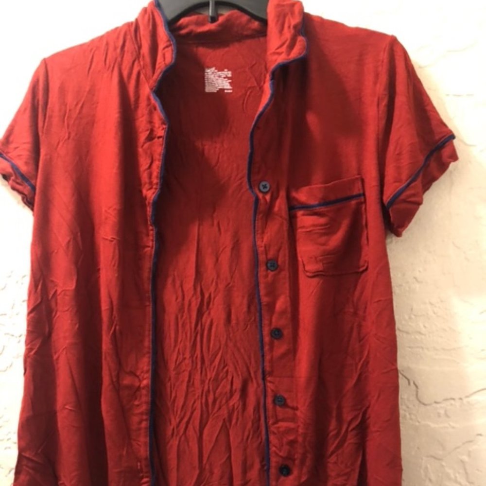 red button-down shirt